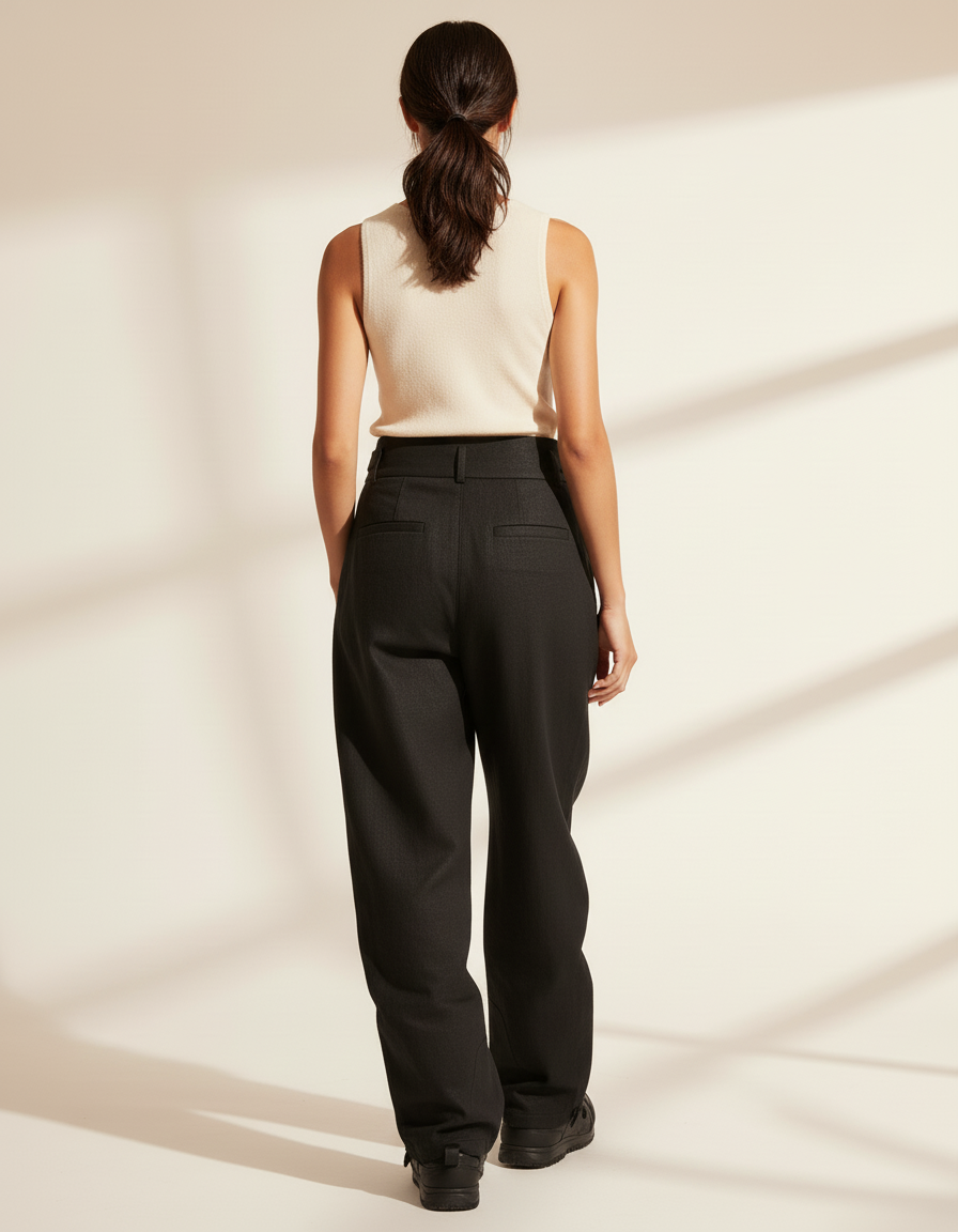 Pantalon Baggy Noir Ample Taille Haute Plissé Moderne - Tweed - vue 2