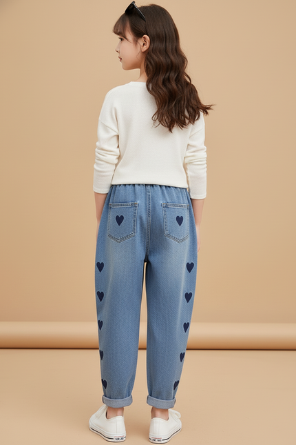 Pantalon Baggy Denim Bleu Cœurs Ample Enfant - Jean - vue 2