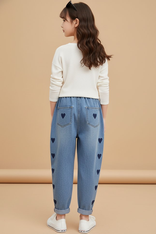 Pantalon Baggy Denim Bleu Cœurs Ample Enfant - Jean - vue 2