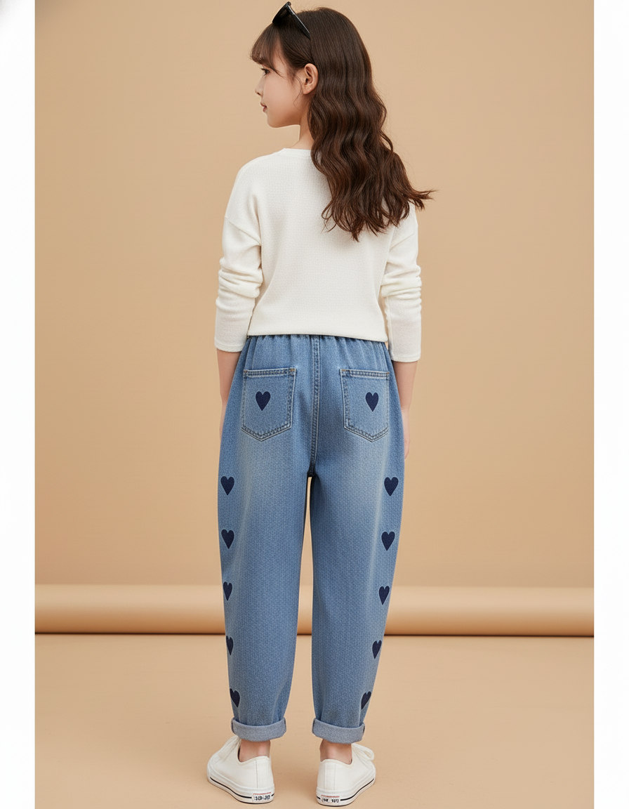 Pantalon Baggy Denim Bleu Cœurs Ample Enfant - Jean - vue 2