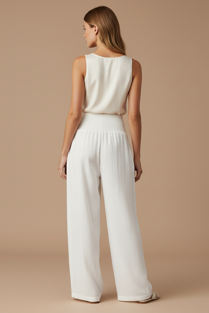 Pantalon Baggy Blanc Fluide Smocké Ample Lin - vue 2