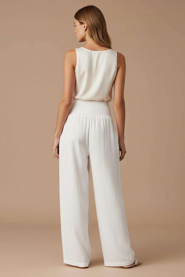 Pantalon Baggy Blanc Fluide Smocké Ample Lin - vue 2