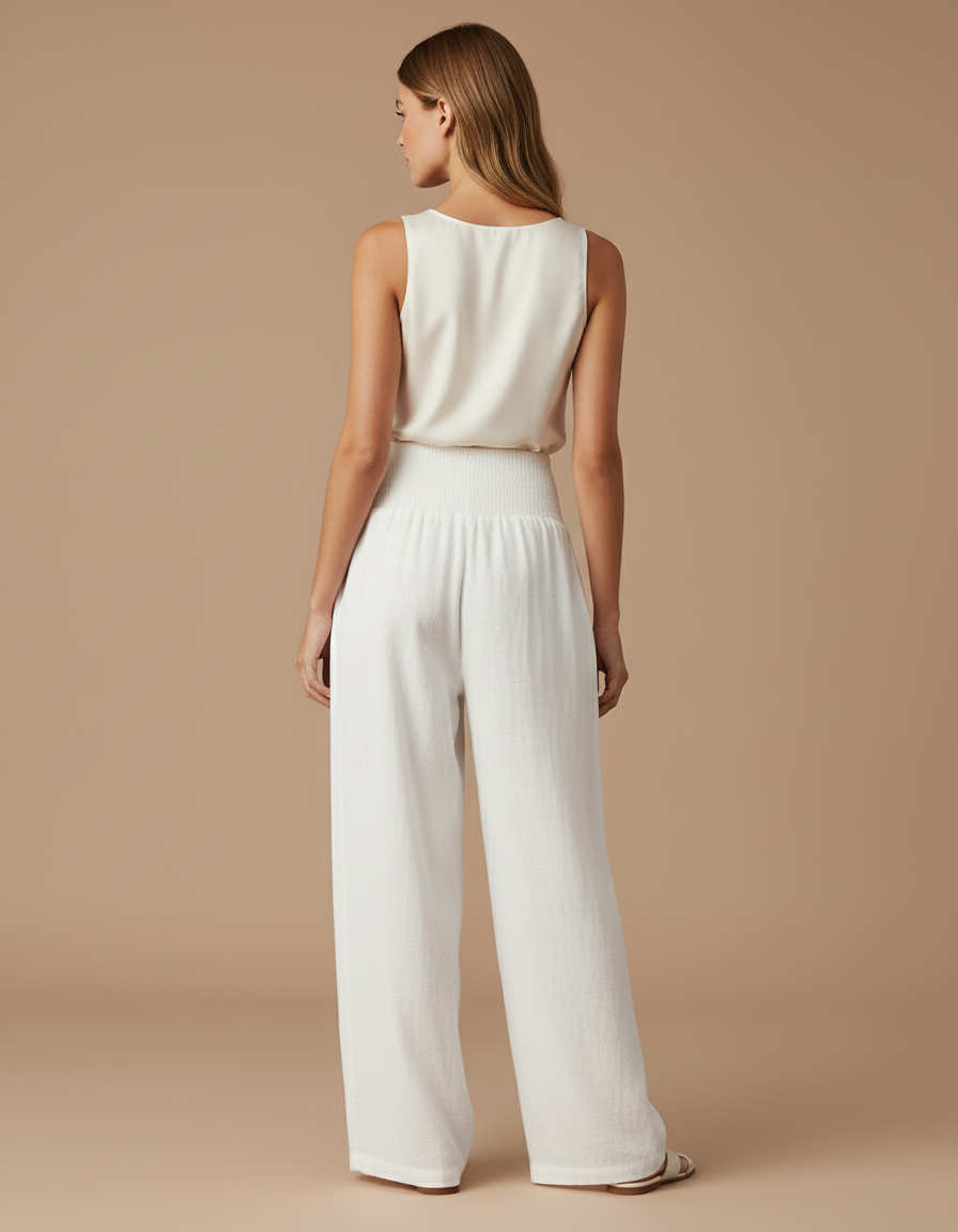 Pantalon Baggy Blanc Fluide Smocké Ample Lin - vue 2