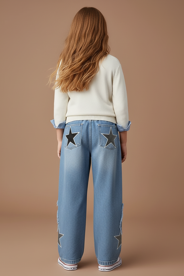 Pantalon Baggy Jean Bleu Étoiles Ample Déchiré Fille - vue 2
