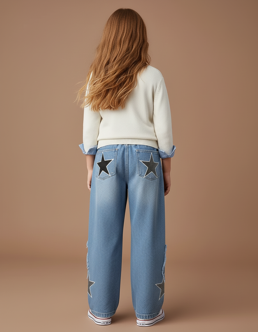 Pantalon Baggy Jean Bleu Étoiles Ample Déchiré Fille - vue 2