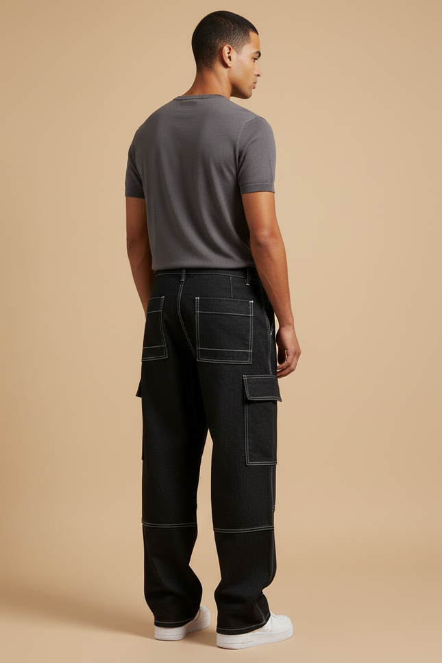Pantalon Baggy Noir Denim Décontracté Couture Blanche Homme - Jean - vue 2