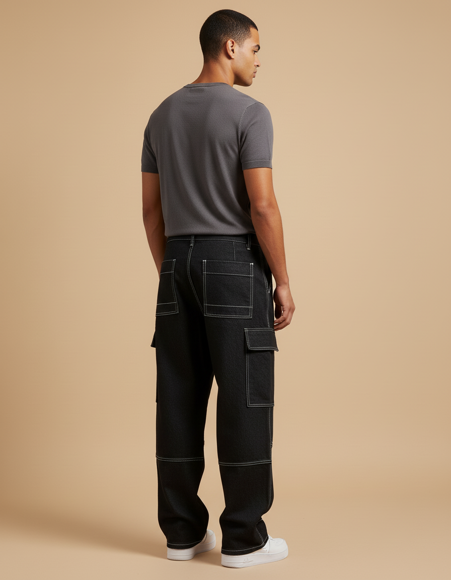 Pantalon Baggy Noir Denim Décontracté Couture Blanche Homme - Jean - vue 2