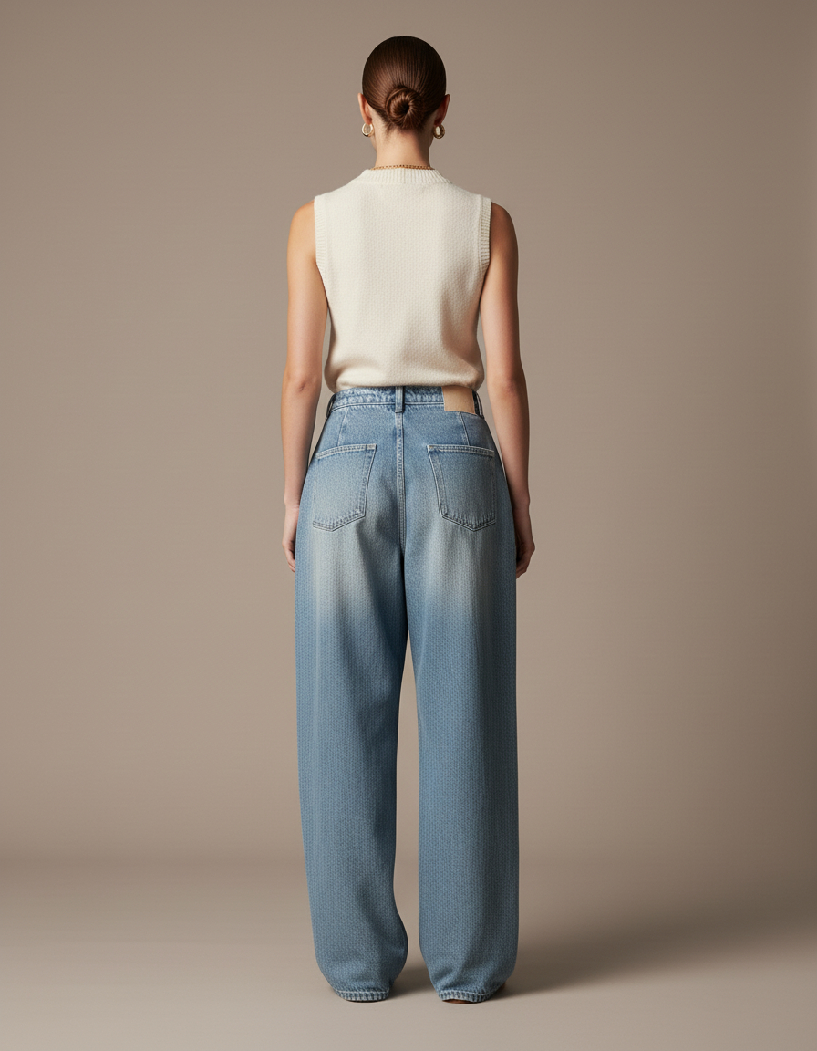 Pantalon Baggy Jean Bleu Ample Plissé Y2K - vue 2