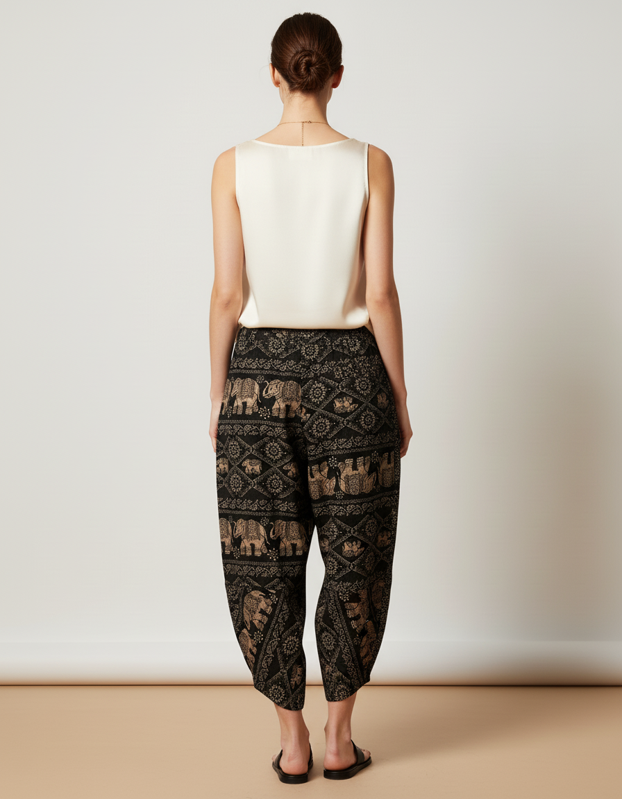 Pantalon Baggy Éléphants Imprimé Ethnique Ample Noir Fluide - Viscose - vue 2