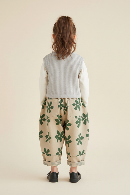 Pantalon Baggy Beige Fleuri Coton Ample Décontracté Enfant - Toile - vue 2