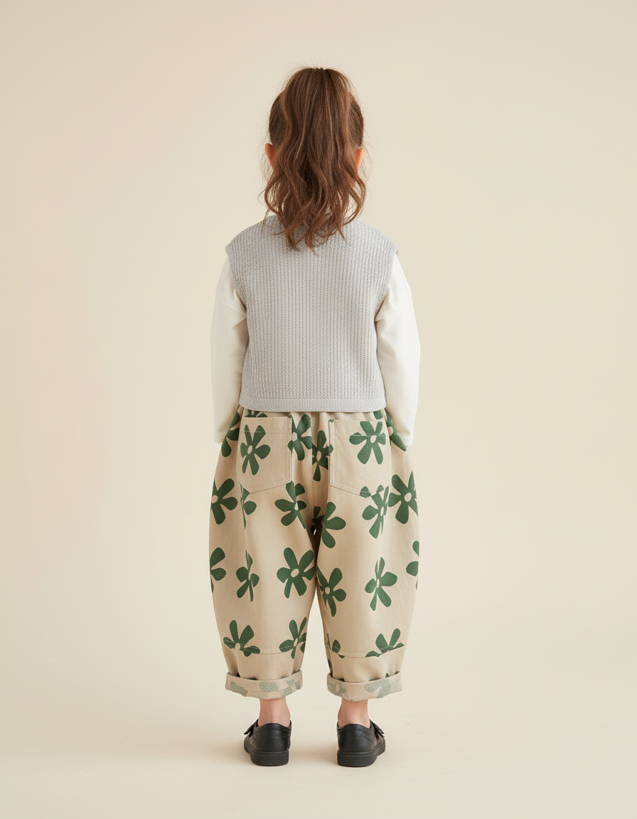 Pantalon Baggy Beige Fleuri Coton Ample Décontracté Enfant - Toile - vue 2