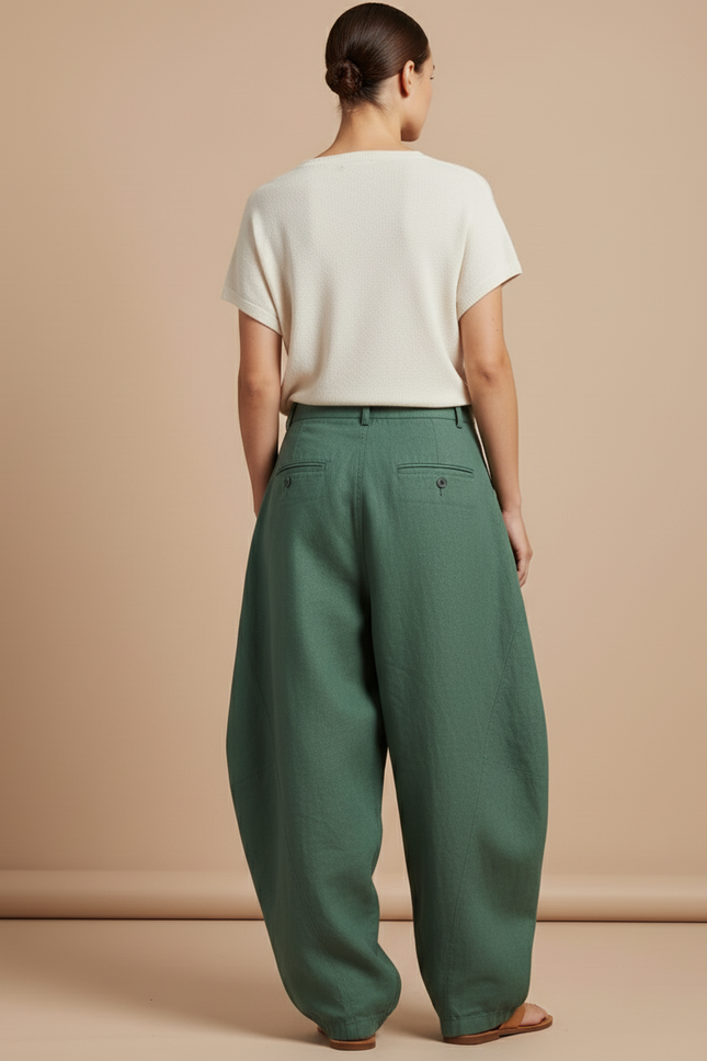 Pantalon Baggy Vert Ample Lin Décontracté Taille Haute - vue 2