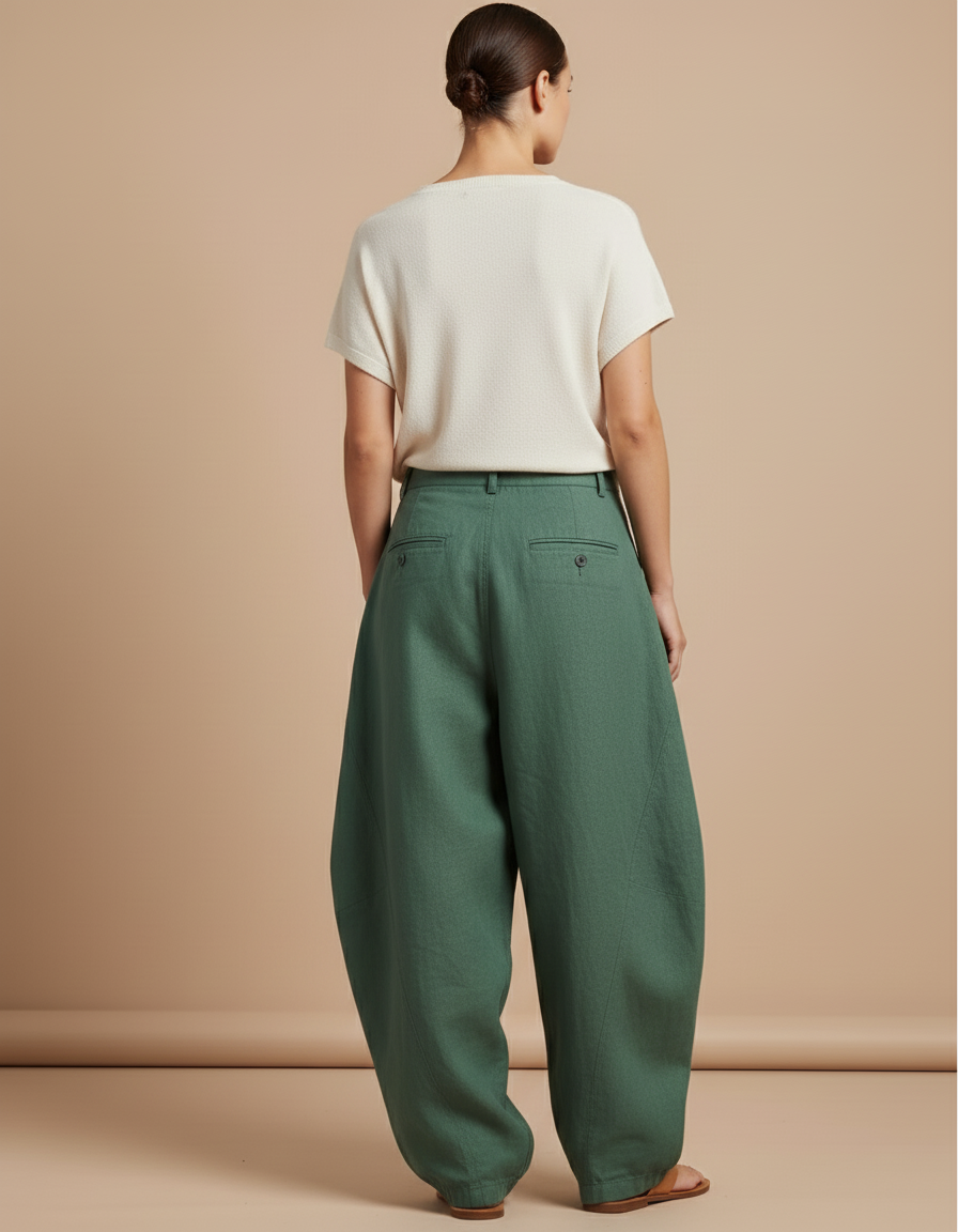 Pantalon Baggy Vert Ample Lin Décontracté Taille Haute - vue 2