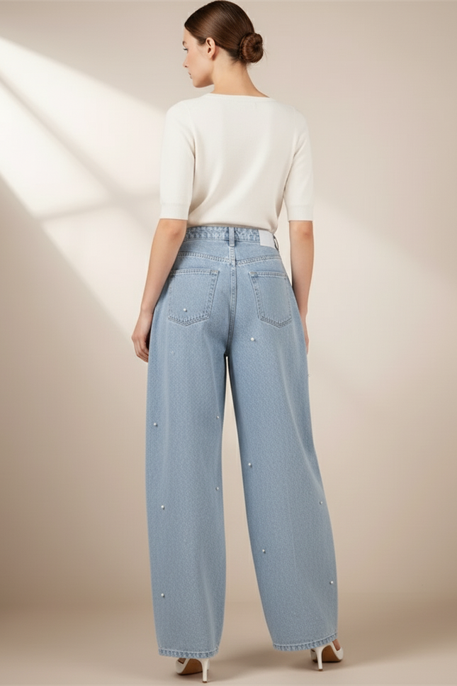 Pantalon Baggy Jean Bleu Perles Élégant Femme - vue 2