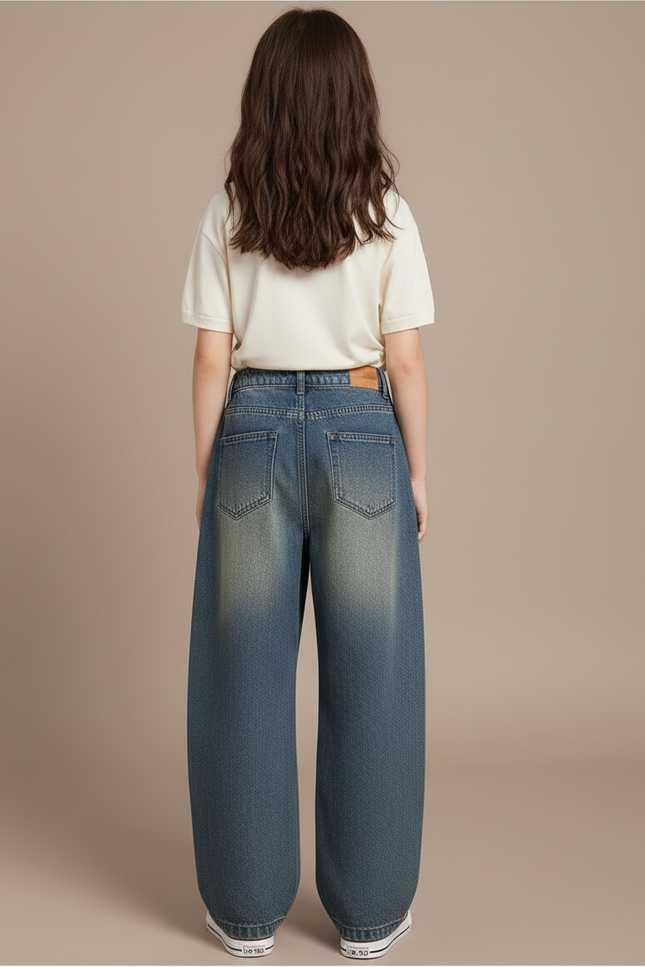 Pantalon Baggy Jean Délavé Ample Imprimé Fille - Bleu - vue 2