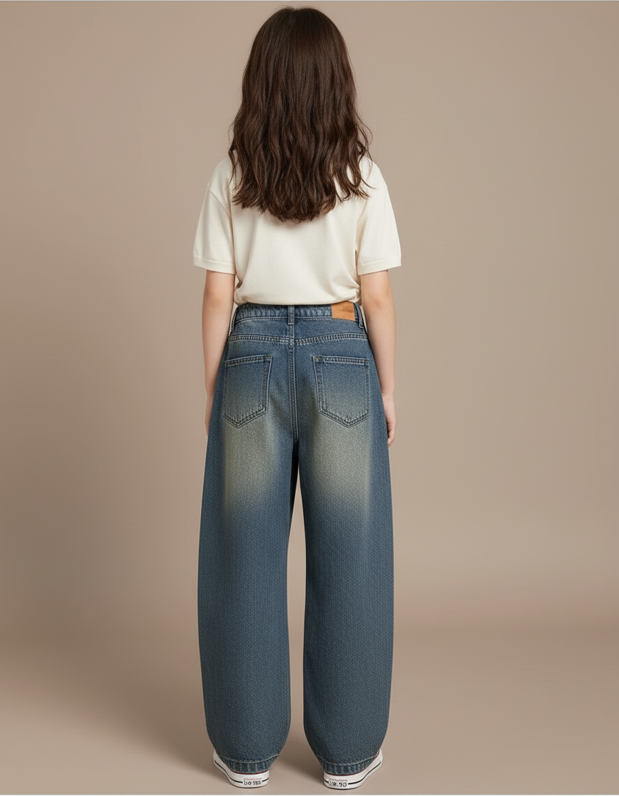 Pantalon Baggy Jean Délavé Ample Imprimé Fille - Bleu - vue 2