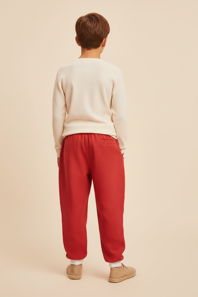 Pantalon Baggy Rouge Ample Cordon Brodé Enfant - Lin - vue 2