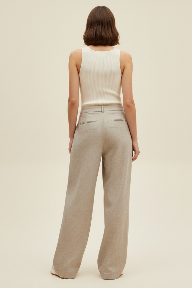Pantalon Baggy Beige Laine Ample Taille Haute Élégant - vue 2