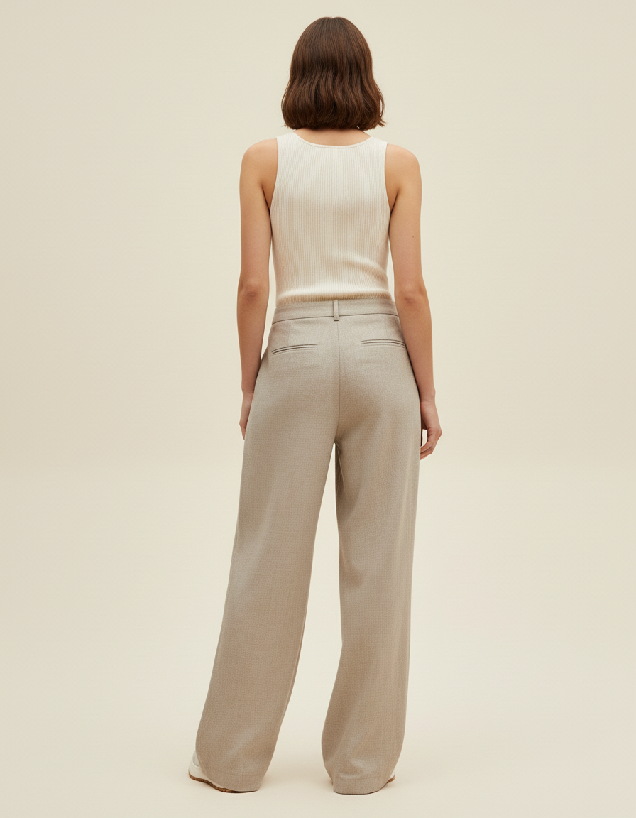 Pantalon Baggy Beige Laine Ample Taille Haute Élégant - vue 2