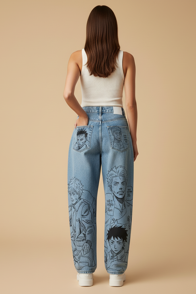 Pantalon Baggy Denim Clair Ample Imprimé Manga Femme - Bleu Jean - vue 2