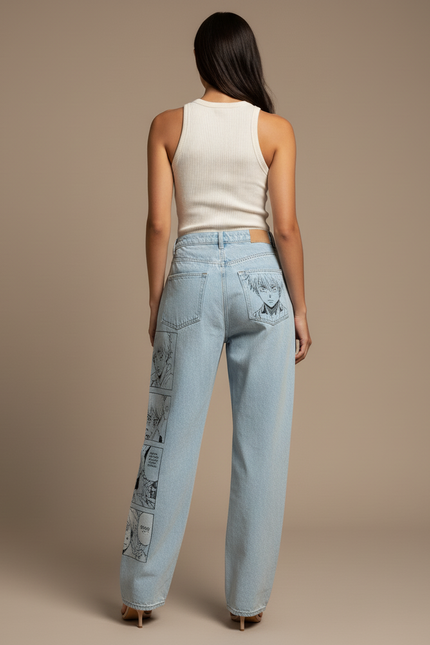 Pantalon Baggy Jean Clair Ample Imprimé Manga Y2K - Bleu - vue 2