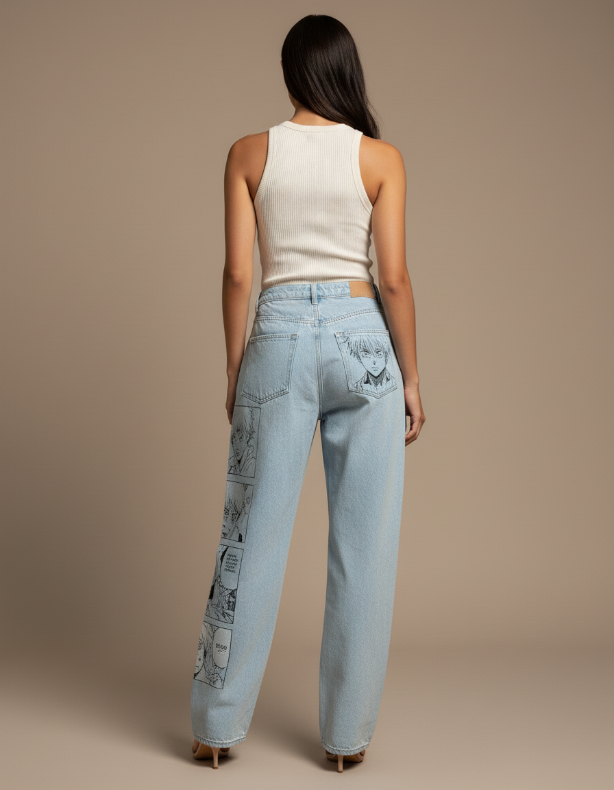 Pantalon Baggy Jean Clair Ample Imprimé Manga Y2K - Bleu - vue 2