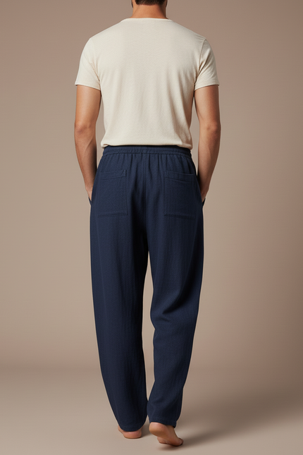 Pantalon Baggy Bleu Marine Ample Cordon Décontracté Homme - Lin - vue 2