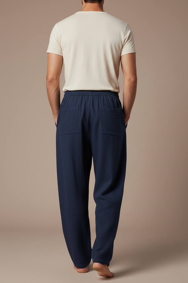 Pantalon Baggy Bleu Marine Ample Cordon Décontracté Homme - Lin - vue 2