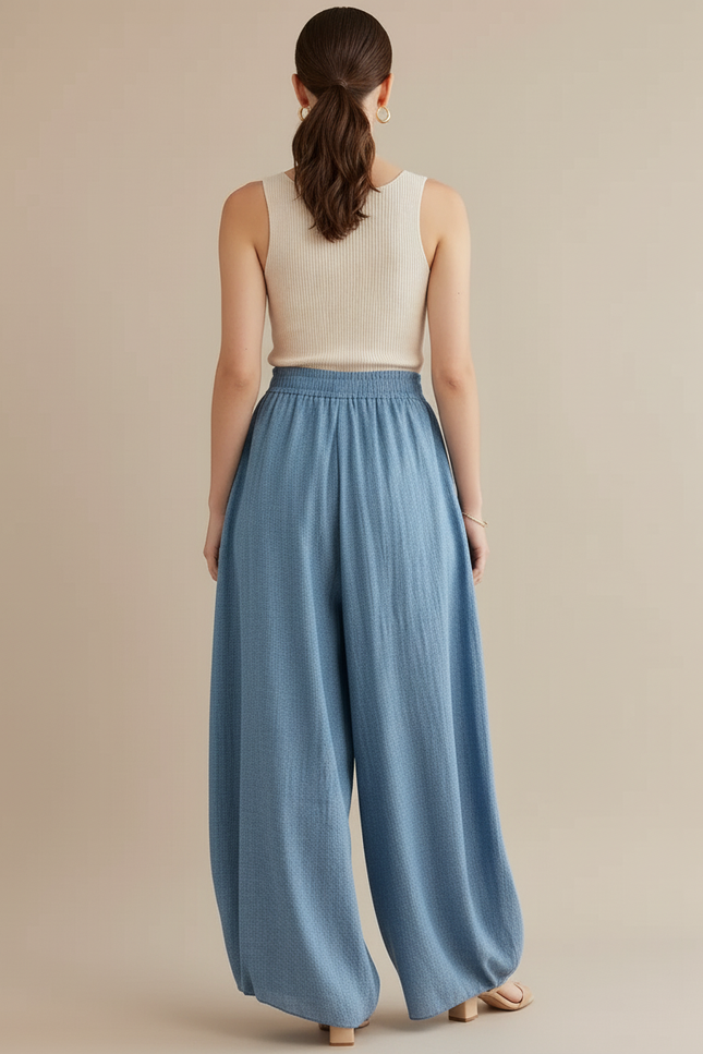 Pantalon Baggy Bleu Ciel Lin Ample Fluide Femme - vue 2