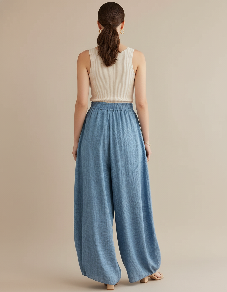 Pantalon Baggy Bleu Ciel Lin Ample Fluide Femme - vue 2