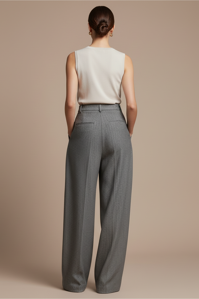 Pantalon Baggy Gris Tweed Large Taille Haute Élégant - vue 2