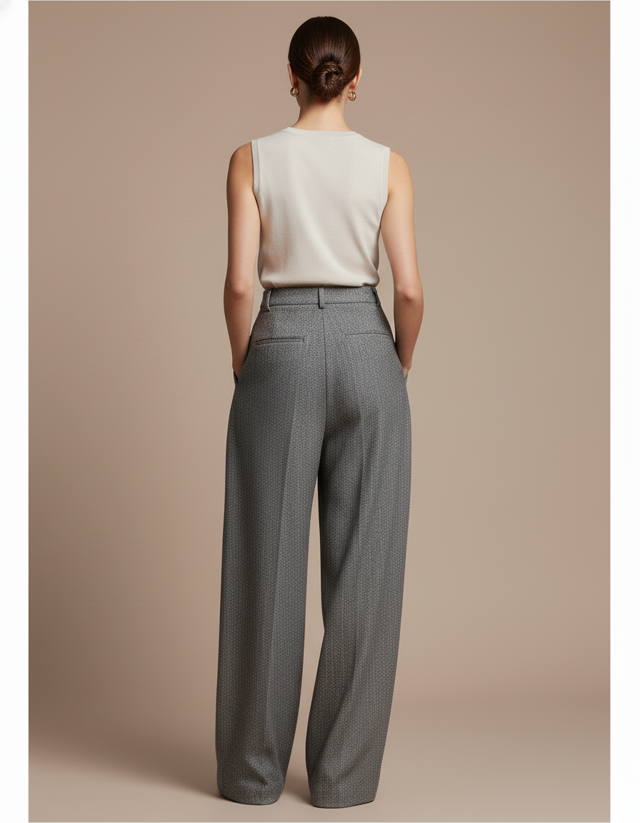 Pantalon Baggy Gris Tweed Large Taille Haute Élégant - vue 2