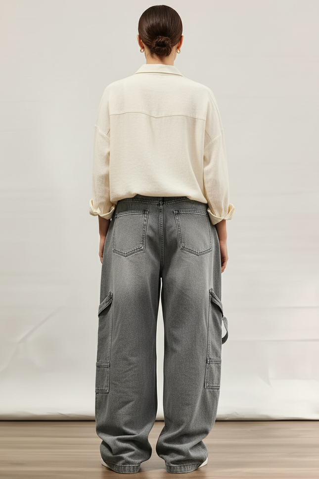 Pantalon Baggy Gris Délavé Ample Cargo Plissé Femme - Jean - vue 2
