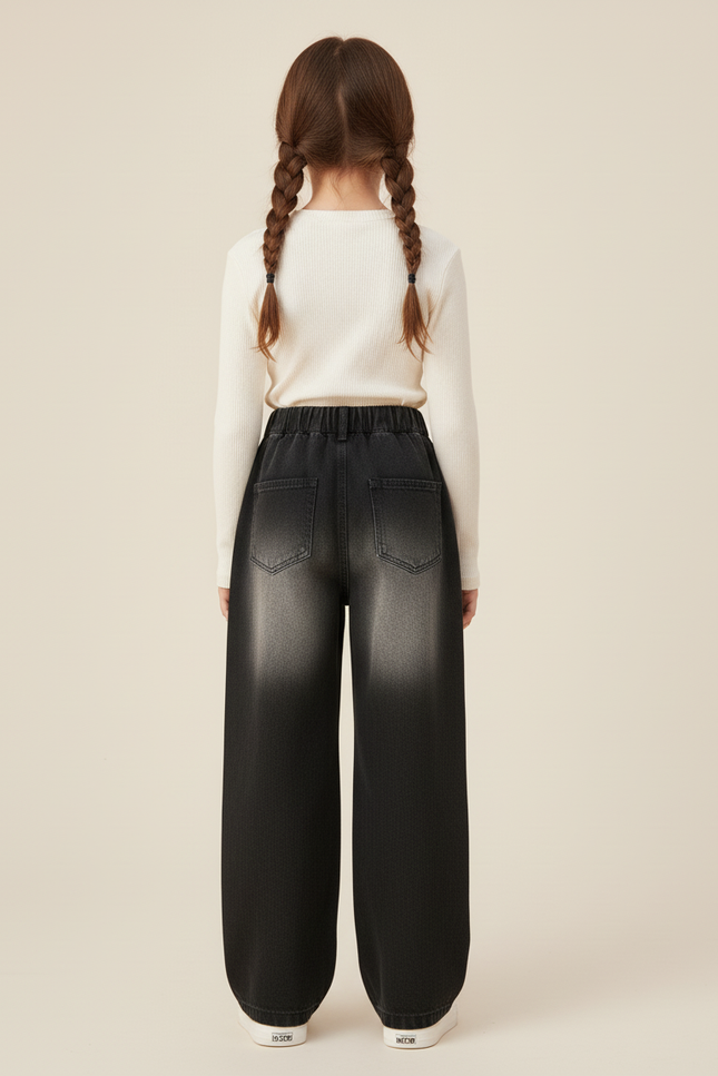 Pantalon Baggy Denim Noir Brodé Fleurs Ample Fille - Jean - vue 2