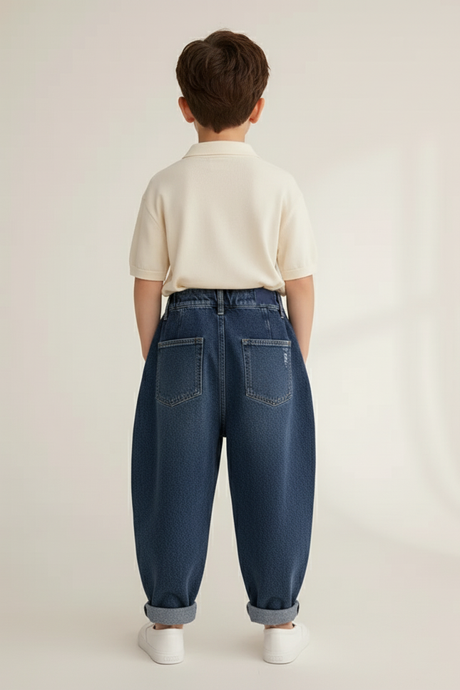 Pantalon Baggy Jean Bleu Plissé Décontracté Garçon - vue 2