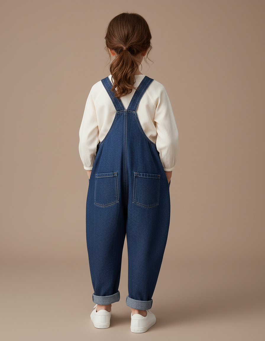 Pantalon Baggy Denim Bleu Plissé Bretelles Enfant Fille - Jean - vue 2