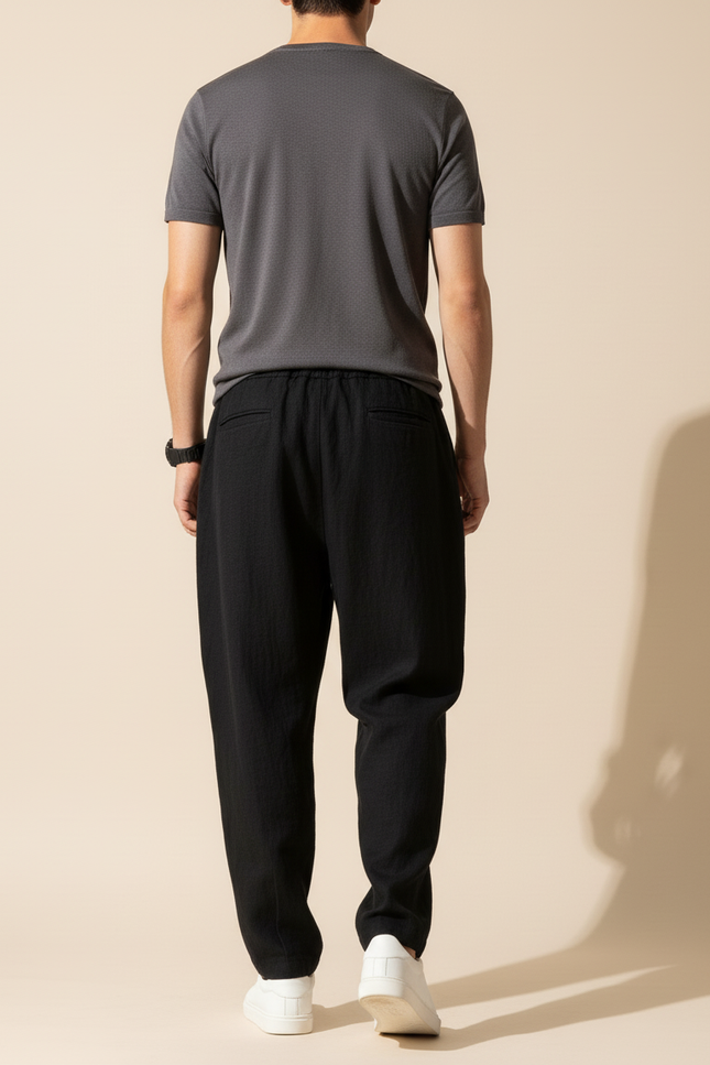 Pantalon Baggy Noir Lin Ample Décontracté Cordon Homme - vue 2