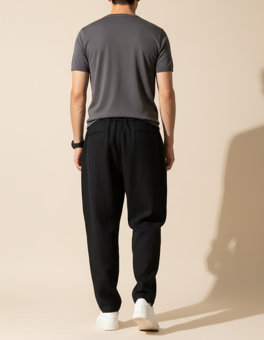 Pantalon Baggy Noir Lin Ample Décontracté Cordon Homme - vue 2