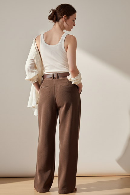 Pantalon Baggy Marron Ample Plissé Décontracté Ceinturé - Maille - vue 2