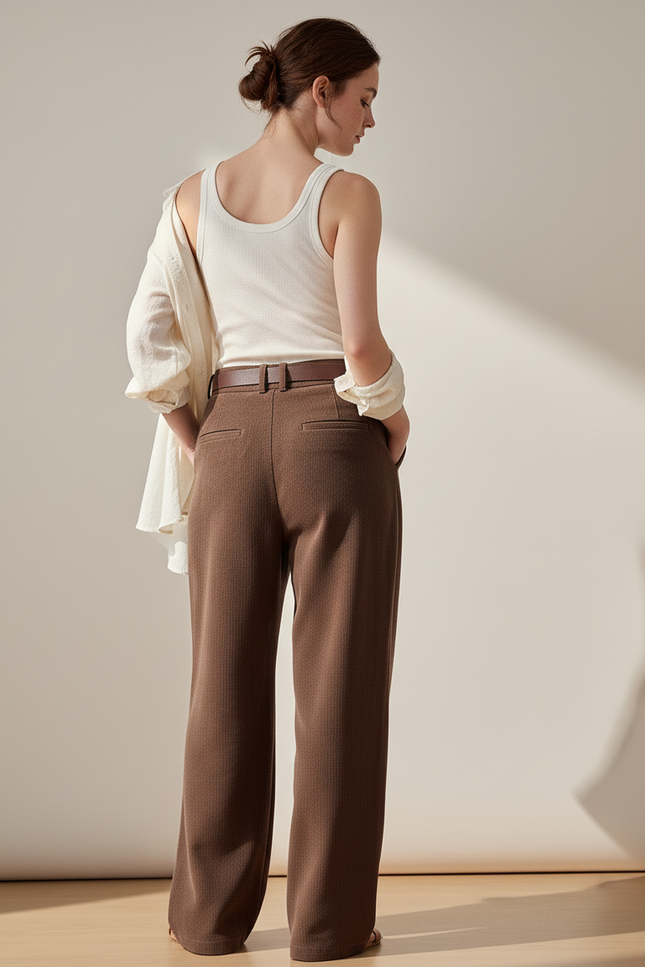 Pantalon Baggy Marron Ample Plissé Décontracté Ceinturé - Maille - vue 2