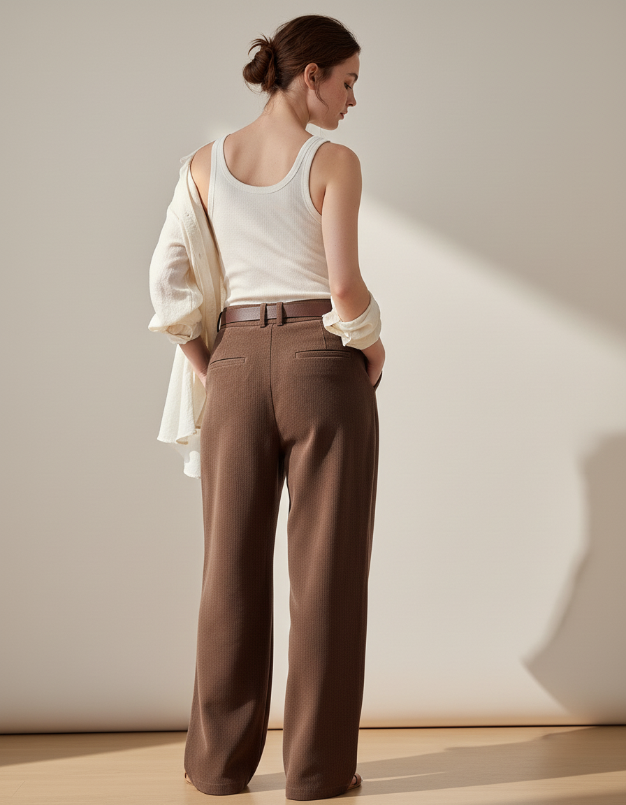 Pantalon Baggy Marron Ample Plissé Décontracté Ceinturé - Maille - vue 2