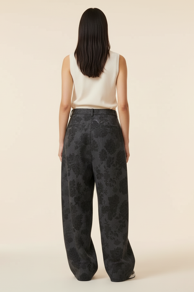 Pantalon Baggy Gris Imprimé Floral Ample Décontracté Femme - Polyester - vue 2