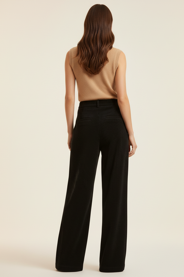Pantalon Baggy Noir Côtelé Taille Haute Ample - Cordé - vue 2