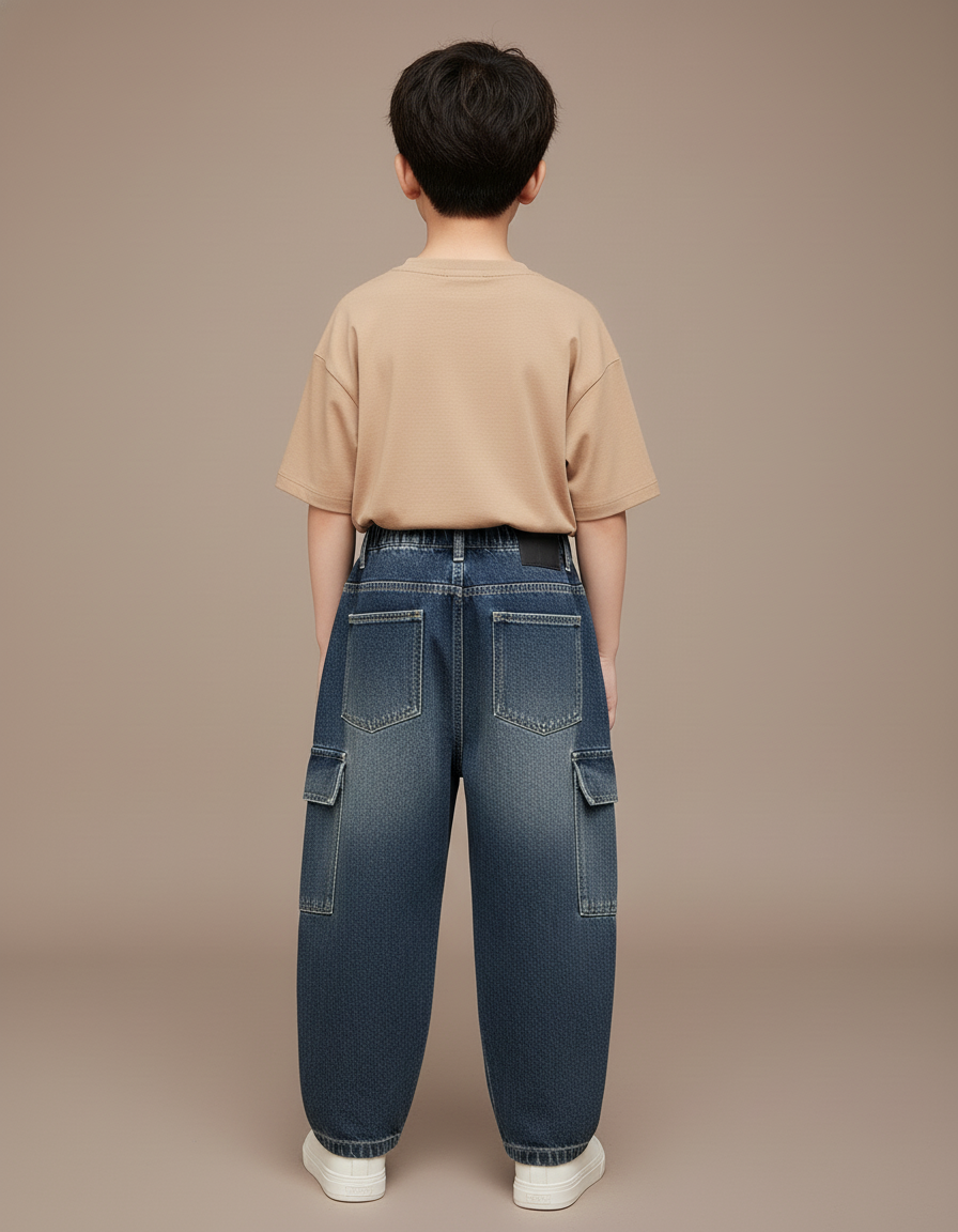 Pantalon Baggy Jean Denim Ample Cargo Enfant Décontracté - Bleu - vue 2