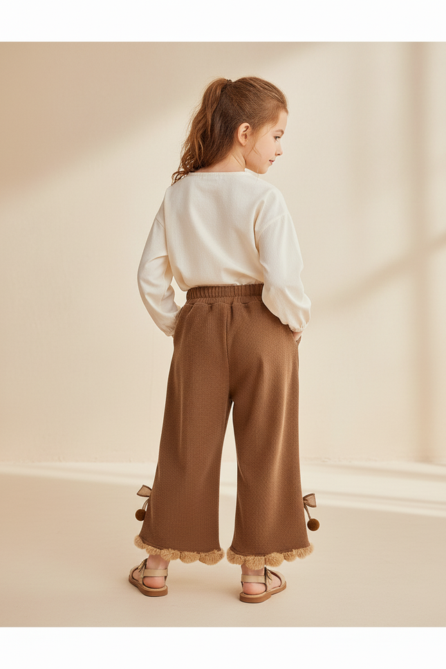 Pantalon Baggy Marron Évasé Pompons Velours Fille - vue 2