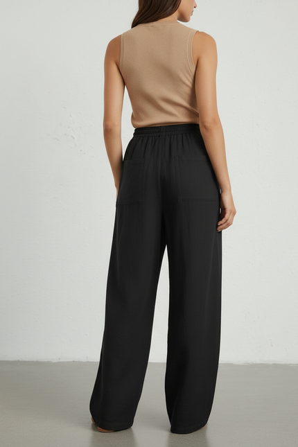 Pantalon Baggy Noir Lin Fluide Ample Décontracté Femme - vue 2