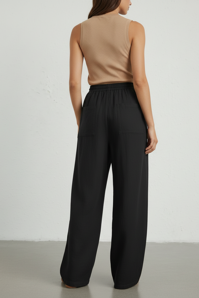 Pantalon Baggy Noir Lin Fluide Ample Décontracté Femme - vue 2