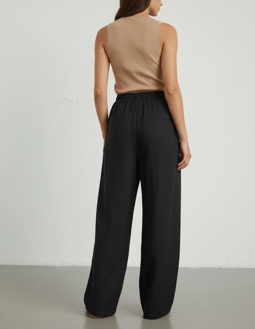 Pantalon Baggy Noir Lin Fluide Ample Décontracté Femme - vue 2