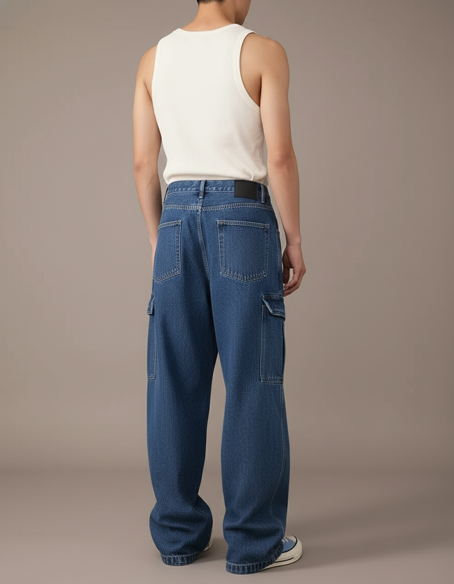 Pantalon Baggy Denim Bleu Ample Cargo Homme - Jean - vue 2