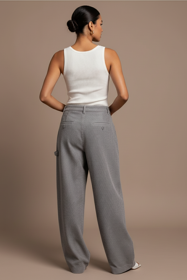 Pantalon Baggy Gris Côtelé Ample Femme Décontracté - Cordé - vue 2